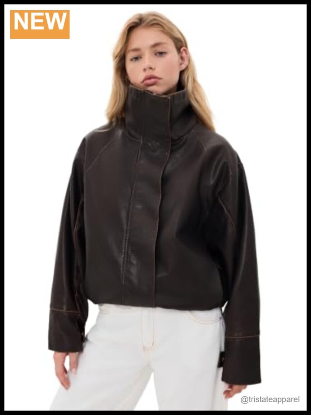 Faux Leather Funnel Neck Jacket with Toggle Hem